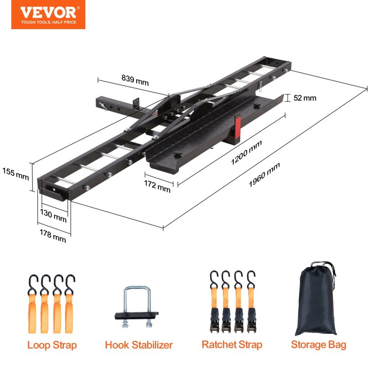 Motorcycle Carrier, 600 Lbs Steel Motorcycle Carrier Hitch Mount With Loading Ramp, Scooter Dirt Bike Trailer Hauler With Ratchet Straps And Stabilizer, For Car, Truck With 2" Hitch Receiver