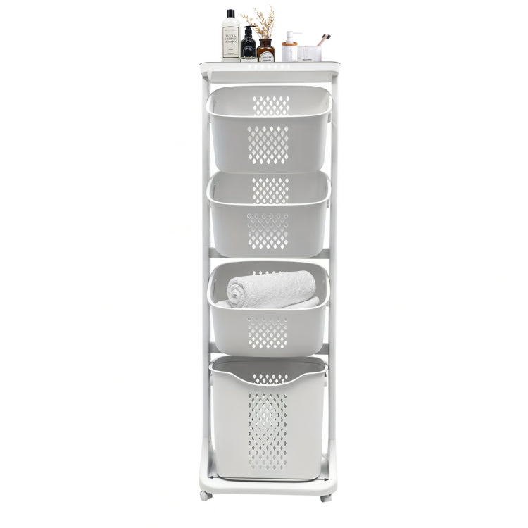 4 Tier Laundry Hamper Sorter, Laundry Storage Organizer With Wheels Removable Rolling Laundry Baskets, Bathroom Cart For Dirty Clothes, White