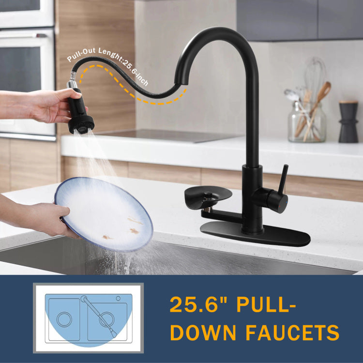 3 In 1 Kitchen Faucet With Press Type Glass Rinser, High Arc Pull Down Sprayer Faucet, 3 Function Spray Mode, Matte Black Finish, For Modern Kitchen Sink