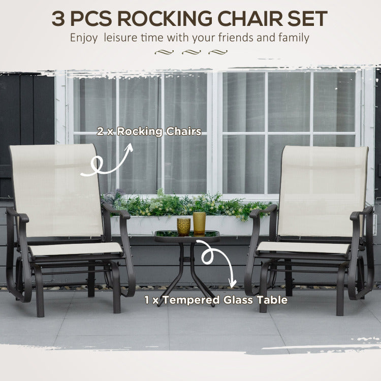 Outsunny 3 Piece Outdoor Gliders Set Bistro Set With Steel Frame, Tempered Glass Top Table For Patio, Garden, Backyard, Lawn, Cream White