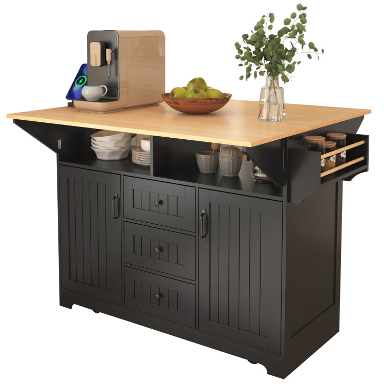 K&K 55.7'' Large Kitchen Island With 2 Drop Leaf, Rolling Kitchen Cart On 5 Wheels With Power Outlet, Folding Storage Dining Table With Spice & Towel Rack , 3 Drawers, For Kitchen, Dining Room,Black
