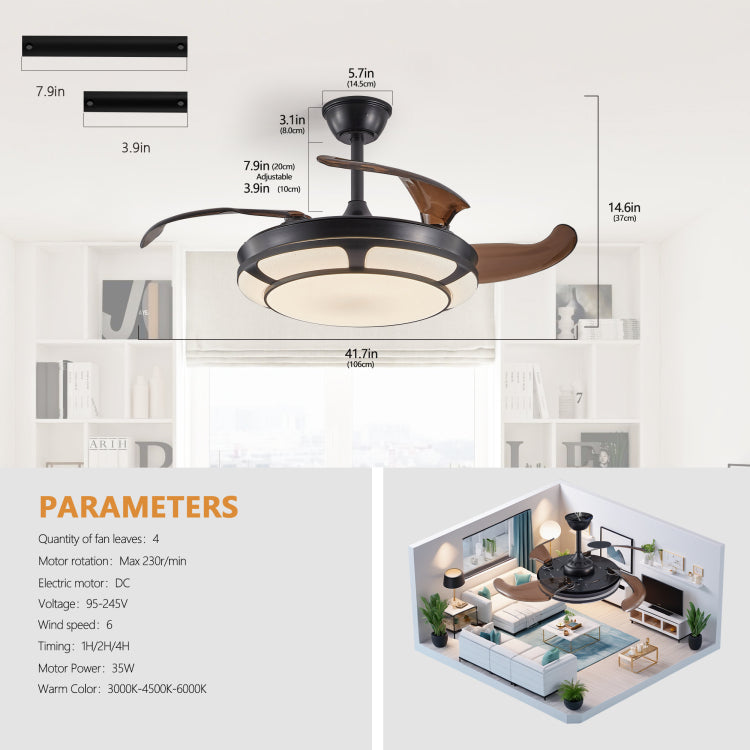 42" Retractable With Light, Modern Led Chandelier Fan With Remote Control, 6 Speed Adjustable Blades, Quiet Dc Motor, Dimmable Lighting For Living Room, Bedroom, Dining Room