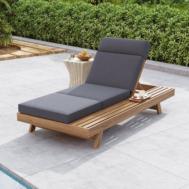 Lounge Chaise Set With Headrest, Space Available On One Side, Acacia Wood In Light Brown With Water Resistant Lounge Cushions Dark Grey & 3 Fold & 4 Inch Matching Cream Beige Version Available