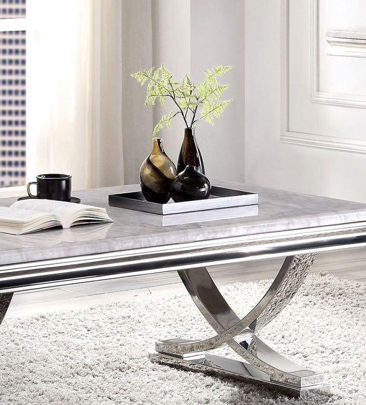 Modern Glam Style Coffee Table With 18Mm Faux Marble On Top Pedestal Base Metal Structure Stainless Steel Chrome Finish