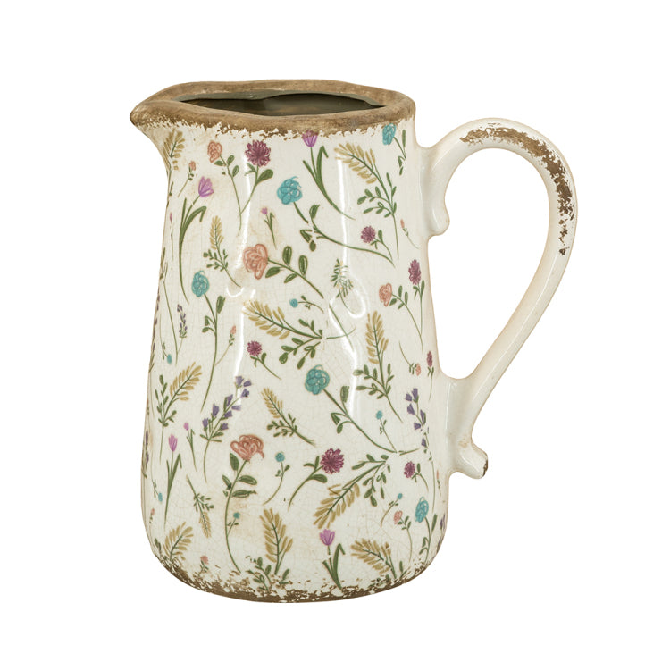 8.1X5.7X9.1" Round Ceramic Pitcher Vase With Multi Colored Floral Motifs