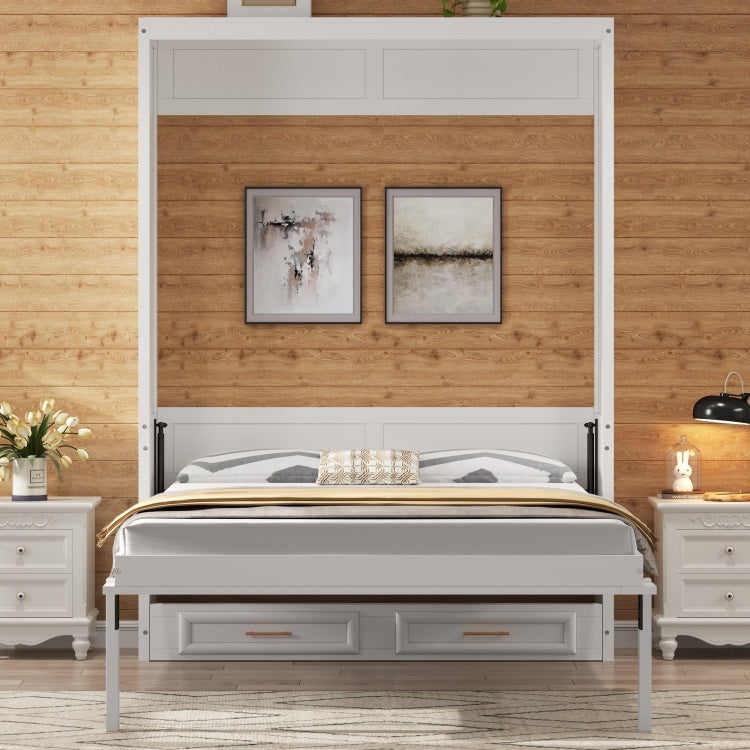 Full Size Murphy Bed With 2 Drawers, Beige