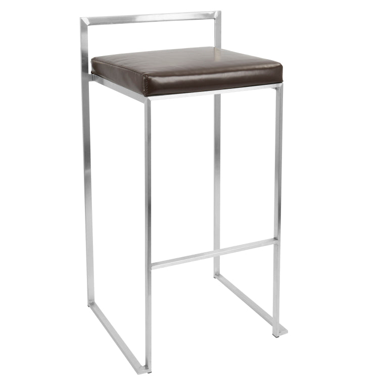 Contemporary Stackable Barstool With Brown Faux Leather Set Of 2