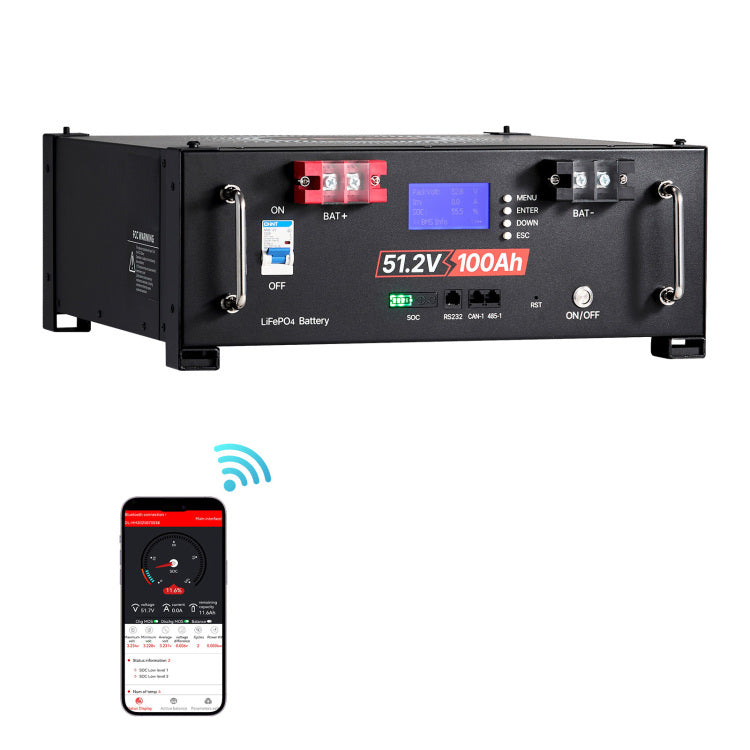48V 100Ah Lifepo4 Lithium Battery, Built In 100A Bms, 51.2V Server Rack Lifepo4 Battery With Bluetooth, 5.12Kwh Capacity, Max 6000 Cycles, Lcd Display, For Off Grid, Solar System, Backup Power