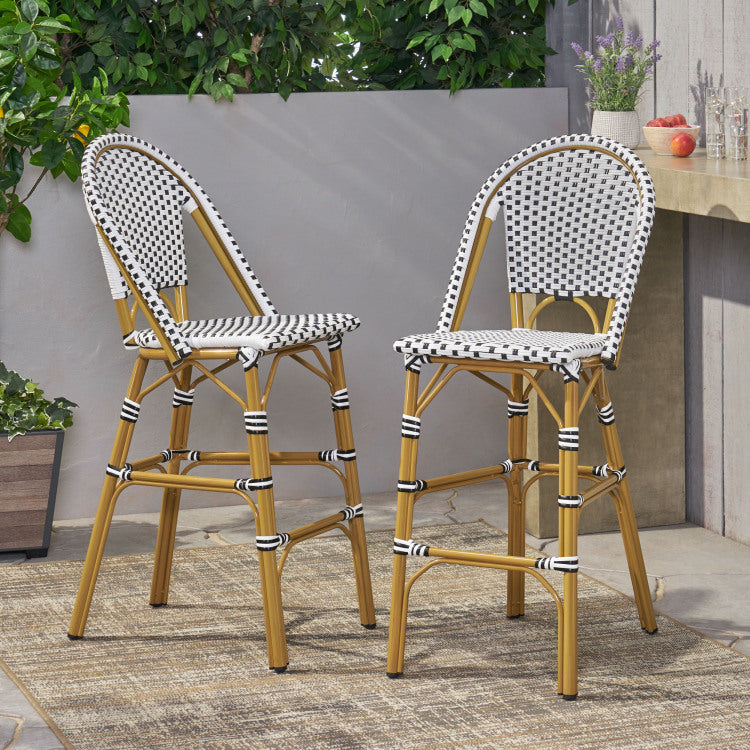 29.5" Outdoor Pe Rattan French Barstool, White And Black, Aluminum Frame With Bamboo Finish Set Of 2