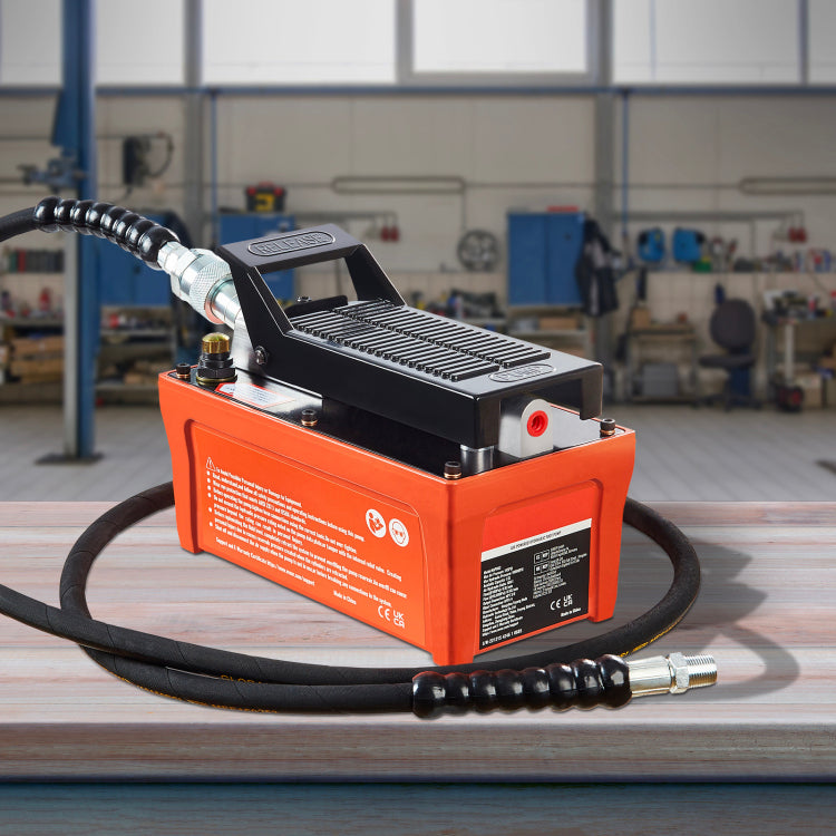 Air Hydraulic Pump, 10,000 Psi 1 2 Gal Reservoir, Npt 3 8" Oil Outlet, Npt 1 4" Inlet, 6.6 Ft Pipe, Foot Actuated Hydraulic Pump Air Treadle For Auto Body Frame Machines And Pulling Post, Orange