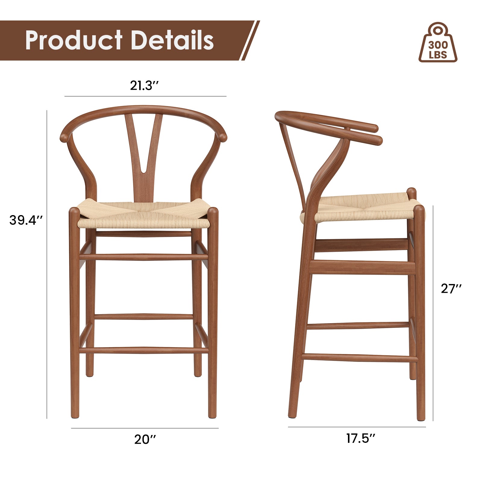 Wishbone Barstool,Weave Counter Height Bar Stools, Fully Assembled Rattan Bar Chairs For Kitchen Island,1Pc,Walnut