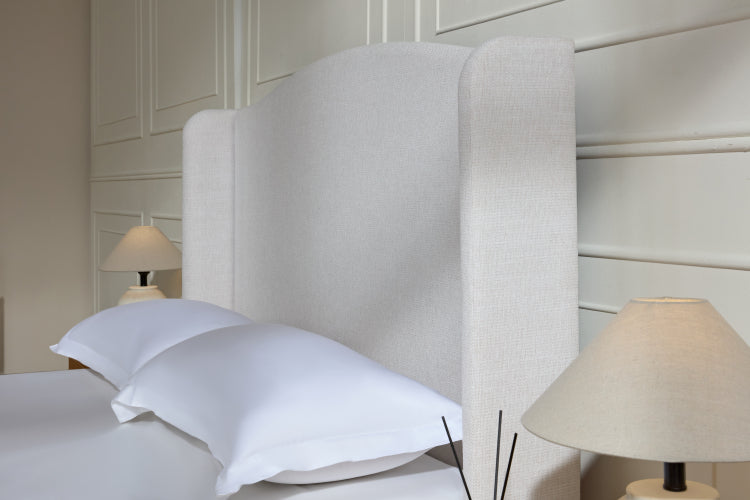 Hannah Upholstered Wingback Bed Size Queen Tall 54" Headboard Upholstered Queen Bed Premium Textured Canvas Chenille Look Ivory Minimalist Designs No Box Spring Needed Easy Assembly Queen