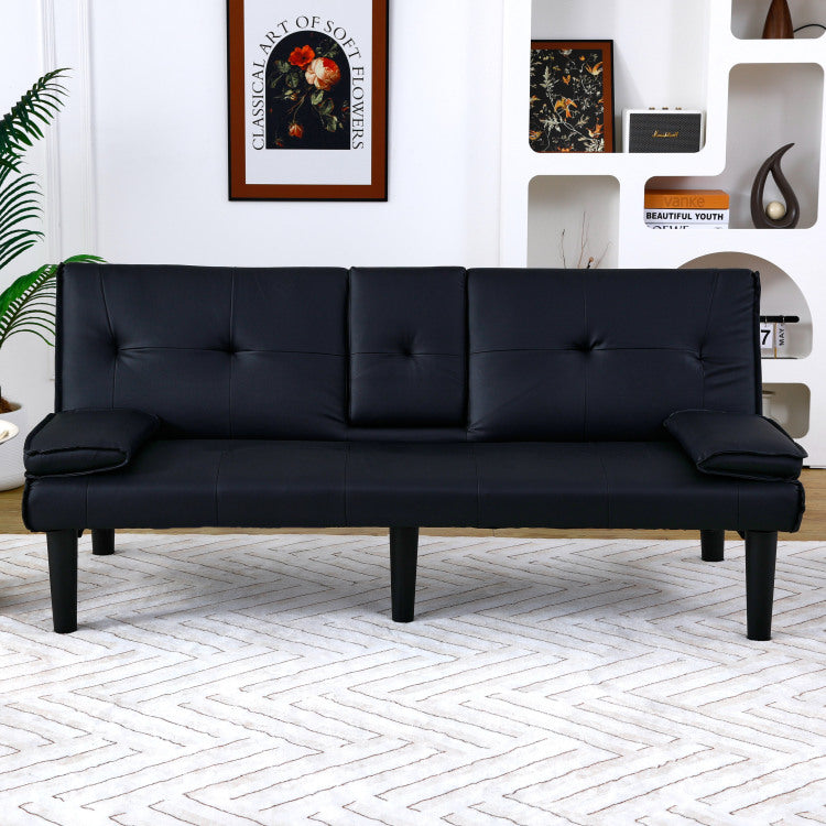 The 67 Inch Black Pvc Multi Functional Sofa Bed With A Foldable And Cup Holder Design Makes It Extremely Convenient To Turn The Living Room Into A Guest Room