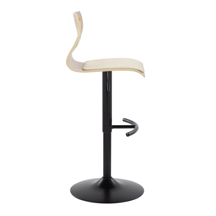 Folia Mid Century Modern Adjustable Barstool With Swivel In Black Metal, Zebra Wood And Cream Faux Leather With Rounded T Footrest Set Of 2