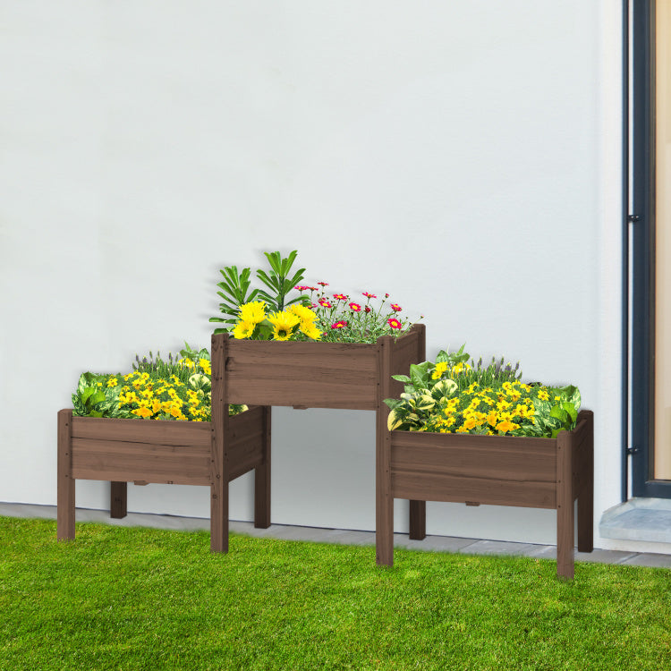 Outsunny Raised Garden Bed With 3 Planter Box, Elevated Wooden Plant Stand With Drainage Holes, For Vegetables, Herb And Flowers, Coffee