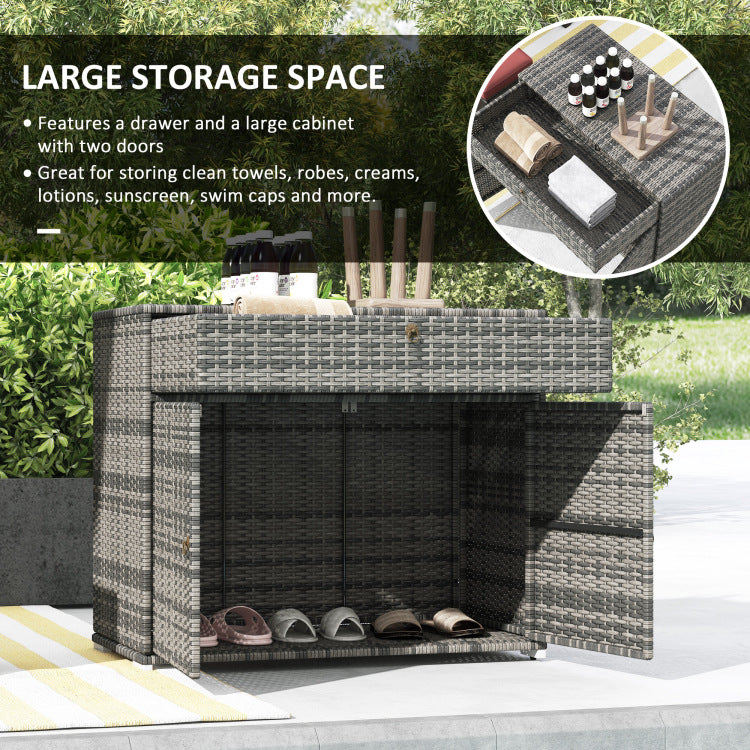 Outsunny Outdoor Towel Rack & Pool Toy Cabinet, Hot Tub Accessory Storage, Freestanding Pe Rattan Wicker Cabinet With Drawer For Indoor, Outdoor Swimming Pool, Spa, Gray