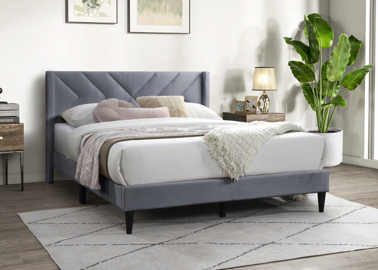 Elegant Modern Gray Velvet Upholstered Queen Size Bed Clean Lines Design Headboard 1Pc Bedframe