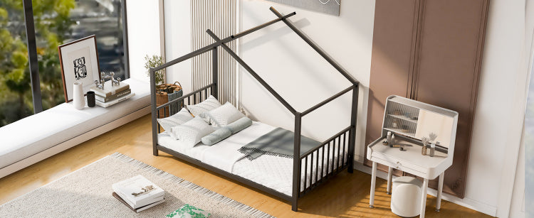 Twin Size Metal House Platform Bed, Black