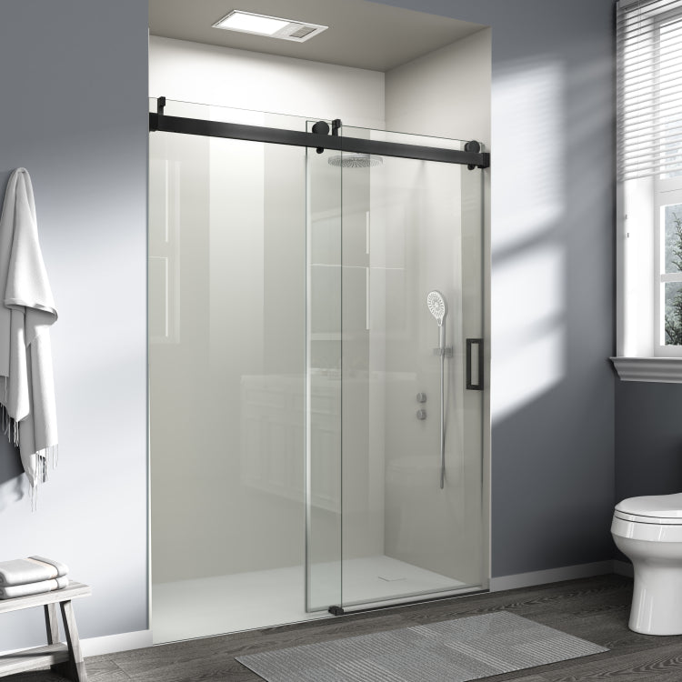 56" 60" W X 76" H Frameless Soft Closing Single Sliding Shower Door, 3 8" 10Mm Tempered Glass With Easy Cleaning Nano Coating, Matte Black 22D01 60Mb
