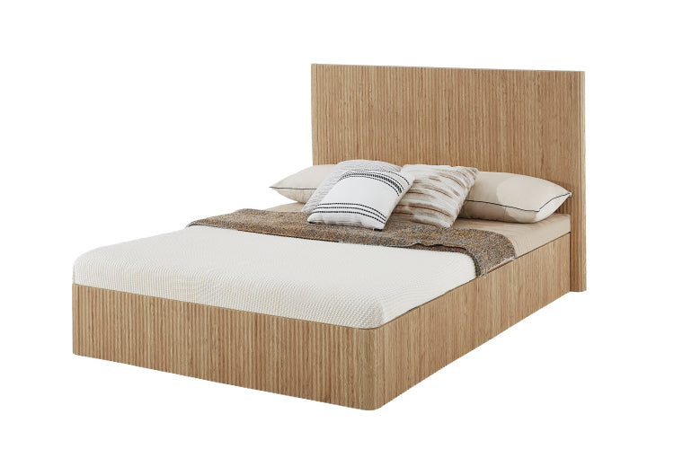 Queen Size Lift Up Storage Bed Frame, Wooden Corrugated Curved Lines, Hydraulic Storage No Box Spring Needed, Oak