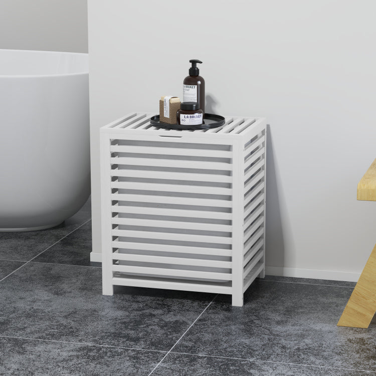 Homcom Bamboo Laundry Hamper With Lid, Laundry Basket With Removable Liner Bag, Dirty Clothes Hamper, 19.75 X 14.25 X 23.5 Inches, White