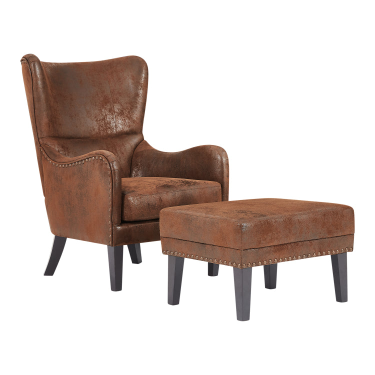 Hi Back Vintage Distressed Lounge Chair With Ottoman,Classic Tufted Design & Nailhead Trim For Living Room, Study, Bedroom
