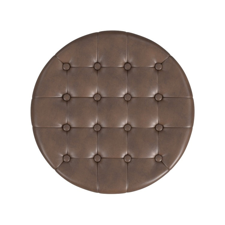 Wes Round Storage Ottoman, Brown Faux Leather, Hardwood, 19 Inch
