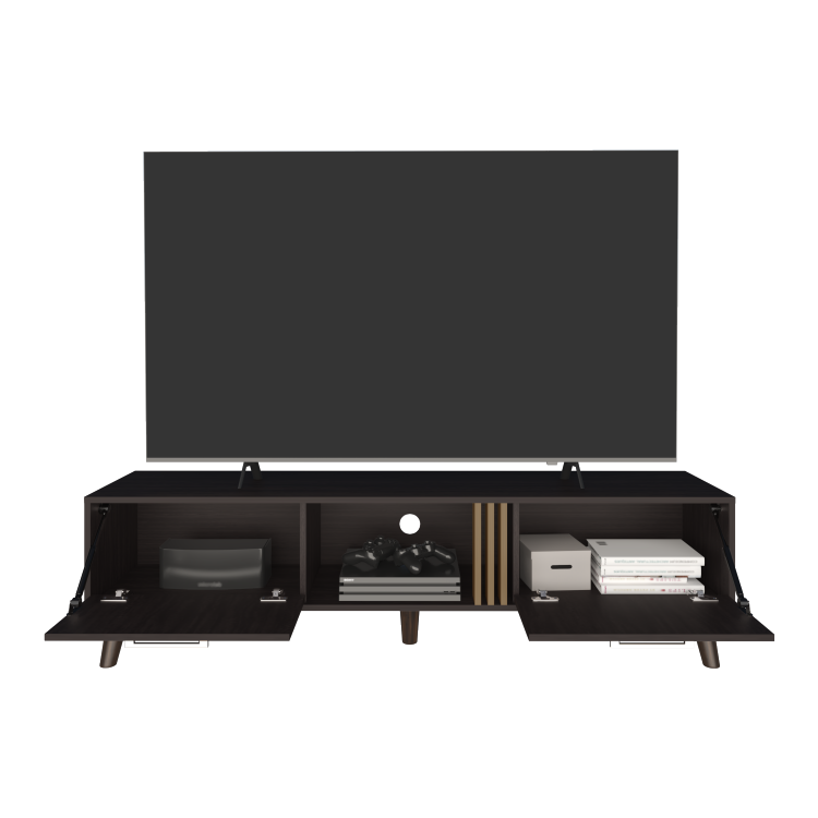 Vance 63" Wide Tv Stand With Two Pull Down Cabinets, Two Shelves, Cable Management , Living Room, Tv Room Black Wengue Light Oak