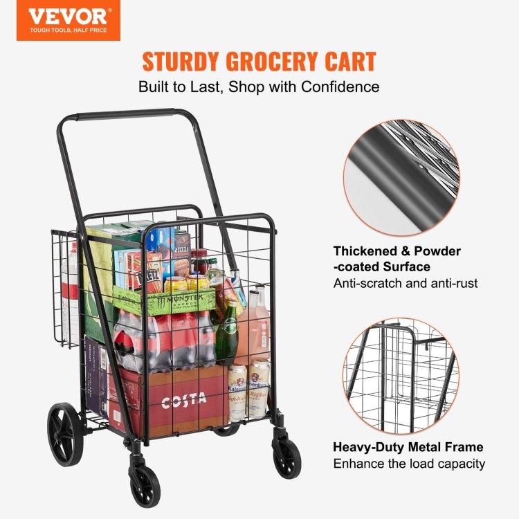 Folding Shopping Cart, Jumbo Grocery Cart With Double Baskets, 360 Swivel Wheels, Heavy Duty Utility Cart, 110 Lbs Large Capacity Utility Cart For Laundry, Shopping, Grocery, Luggage