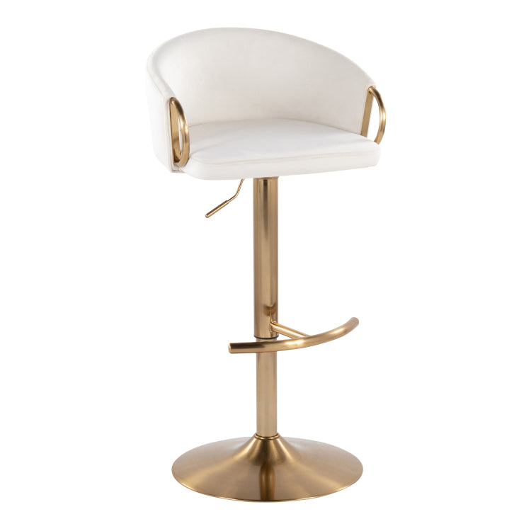 Contemporary Adjustable Barstool With Swivel In Gold Metal And Cream Velvet With Rounded T Footrest Set Of 2