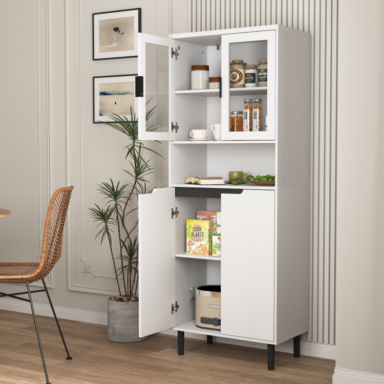 Tempered Glass Door Tall Storage Bookcase With Adjustable Board, 4 Doors Mdf Painting Finished Cabinet, White, Living Room Bedroom Storage