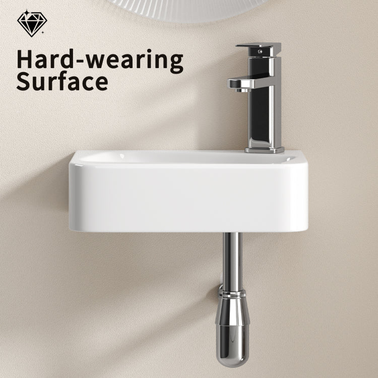 Floating Bathroom Sink Wall Mounted Rectangle Vessel Sink 14" X 10" Small Modern Bathroom Wall Hung Sink White Porcelain Ceramic Vessel Vanity Sink With Faucet &Drain