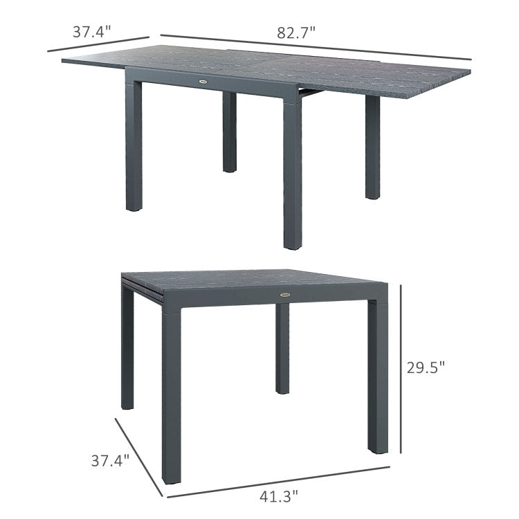 Outsunny Extendable Outdoor Dining Table, 41" 83" Aluminum Frame Patio Table With Wood Effect Steel Top, Rectangle Expandable Patio Table For 6 8, Dark Gray