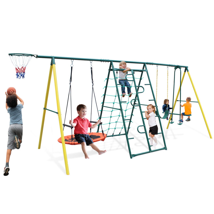 6 In 1 Swing Set With Climbing Frame, Climbing Net, Glider, Hammock Swing, Belt Swing, Basketball Rim For Backyard