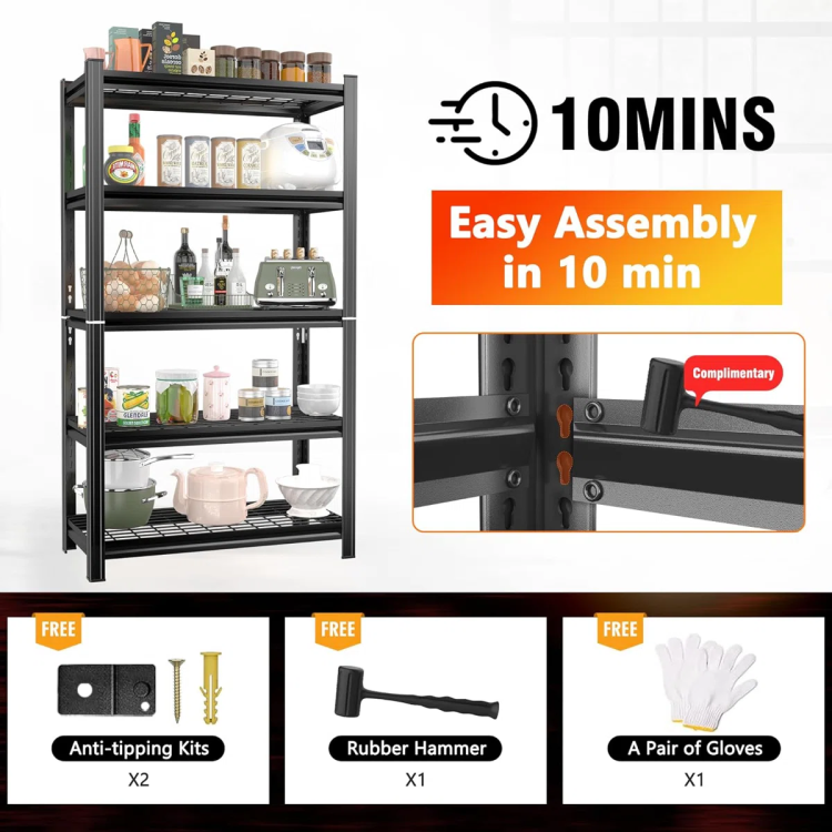 5 Layer Metal Storage Rack, Adjustable Height Storage Rack, 2000 Pound Load, Suitable For Garages, Kitchens, Supermarkets, Storage Rooms, And Gyms. Black, Requires Assembly