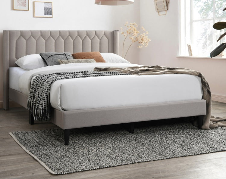 Modern Eye Catching 1Pc Queen Size Bed Light Brown Burlap Fabric Unique Diamond Design Headboard Bedframe