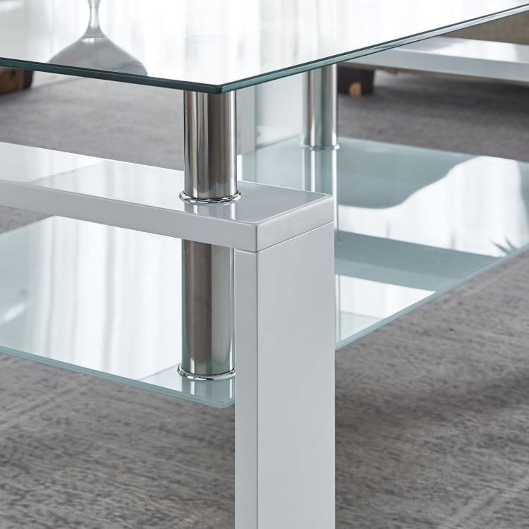 Artisan Center Coffee Table, Tempered Glass Top Stainless Steel Legs For Living Room, White