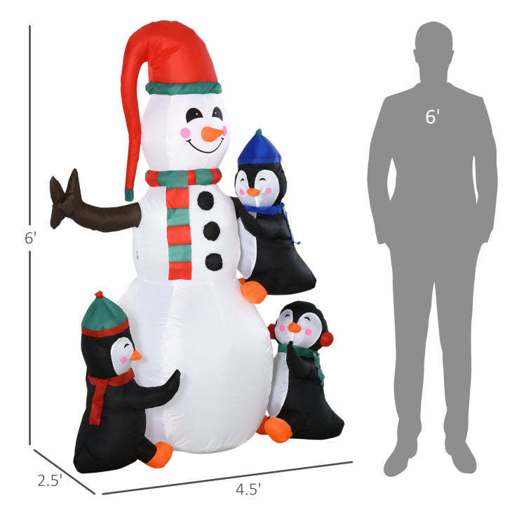 Homcom 6' Christmas Inflatables Outdoor Decorations Snowman With Penguins, Blow Up Yard Christmas Decor With Led Rotating Colorful Light