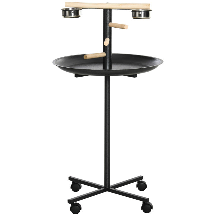 Pawhut Bird Play Stand, Portable Parrot Perch, Bird Feeder Station, With Four Wheels, Stainless Steel Feeding Bowls, Round Tray, Grey