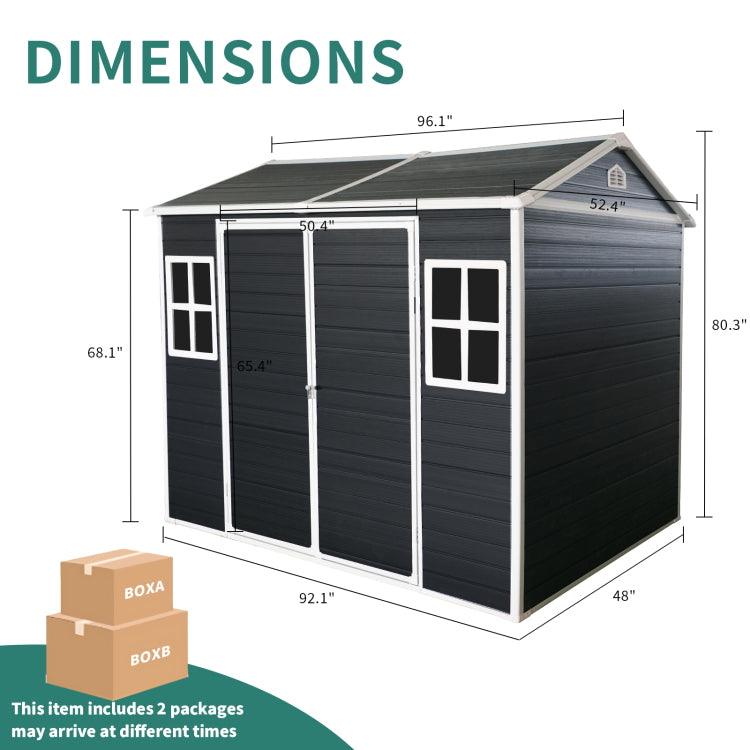 8X4Ft Outdoor Resin Garden Shed With Floor And 2 Windows, Plastic Patio Outdoor Storage Shed With Lockable Door For Garden Tools, Bicycles, Trash Cans, Black
