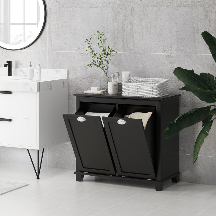 Homcom Dual Tilt Out Laundry Hamper Cabinet, Bathroom Storage Cabinet With 2 Compartment Hamper, Modern Floor Cabinet For Washroom, Black