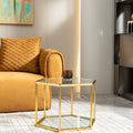 Luxury Hexagonal Side Table, Clear Tempered Glass Top With Gold Stainless Steel Frame, Accent Coffee Table For Living Room, Bedroom, Or Office