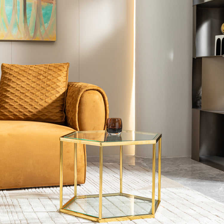 Luxury Hexagonal Side Table, Clear Tempered Glass Top With Gold Stainless Steel Frame, Accent Coffee Table For Living Room, Bedroom, Or Office