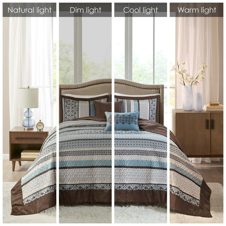 5 Piece Jacquard Quilt Set With Throw Pillows Blue Full Queen