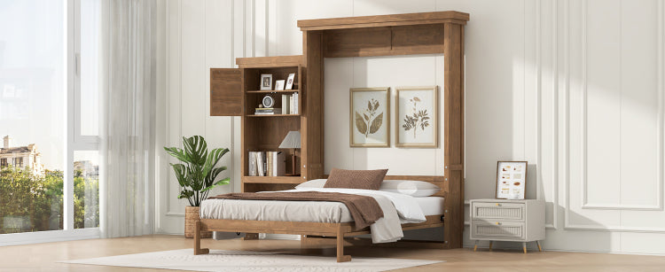 Queen Size Murphy Bed With Multiple Storage Shelves And Louvered Style Decoration, Wood Color