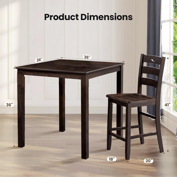 Transitional Style Espresso Finish 5Pc Dining Table Set 1X Square Counter Height Dining Table 4X Slat Back Chairs Dining Room