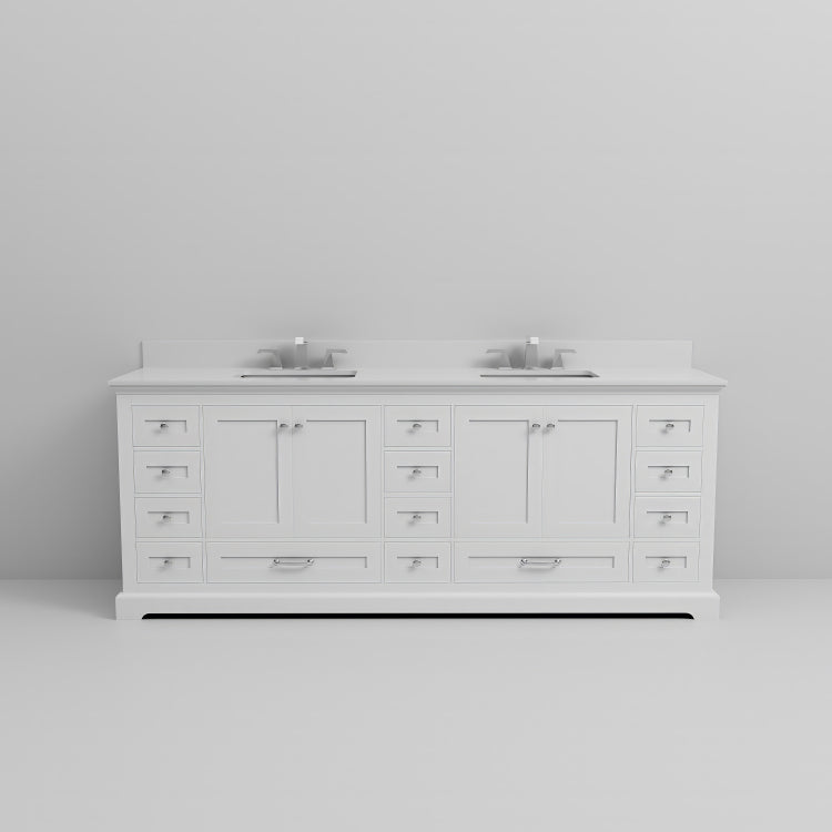 White Double Bath Vanity 84 In. W X 22 In. D, Cultured Marble Top, And Faucet Set