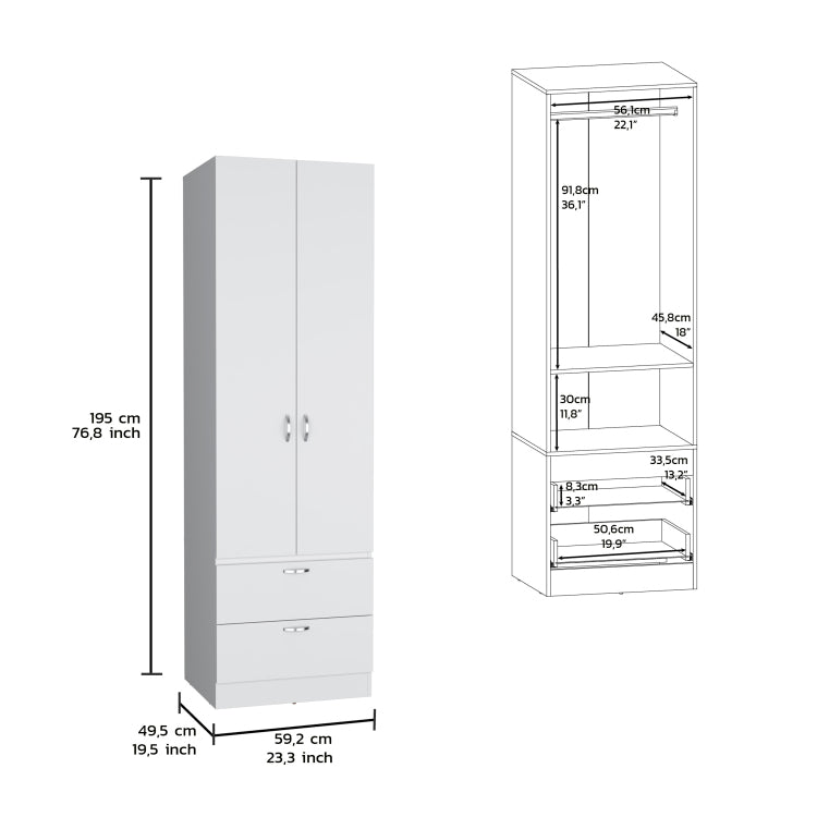 Armoire Wardrove 76" H, Hanging Rod, 2 Drawers, 1 Shelf, White
