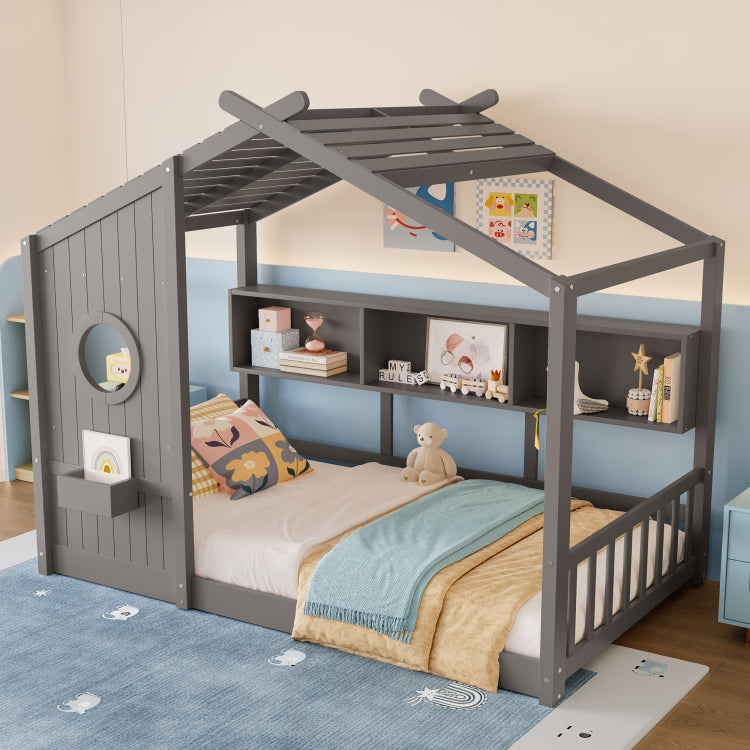 Twin Size Floor House Bed For Toddler, Kids Montessori Bed With Storage Shelf, Playhouse Bed With Roof Design, Gray