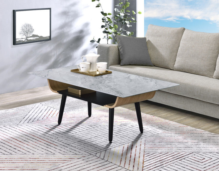 Lorenzo 47"W Coffee Table With Glass Gray Marble Texture Top And Bent Wood Design